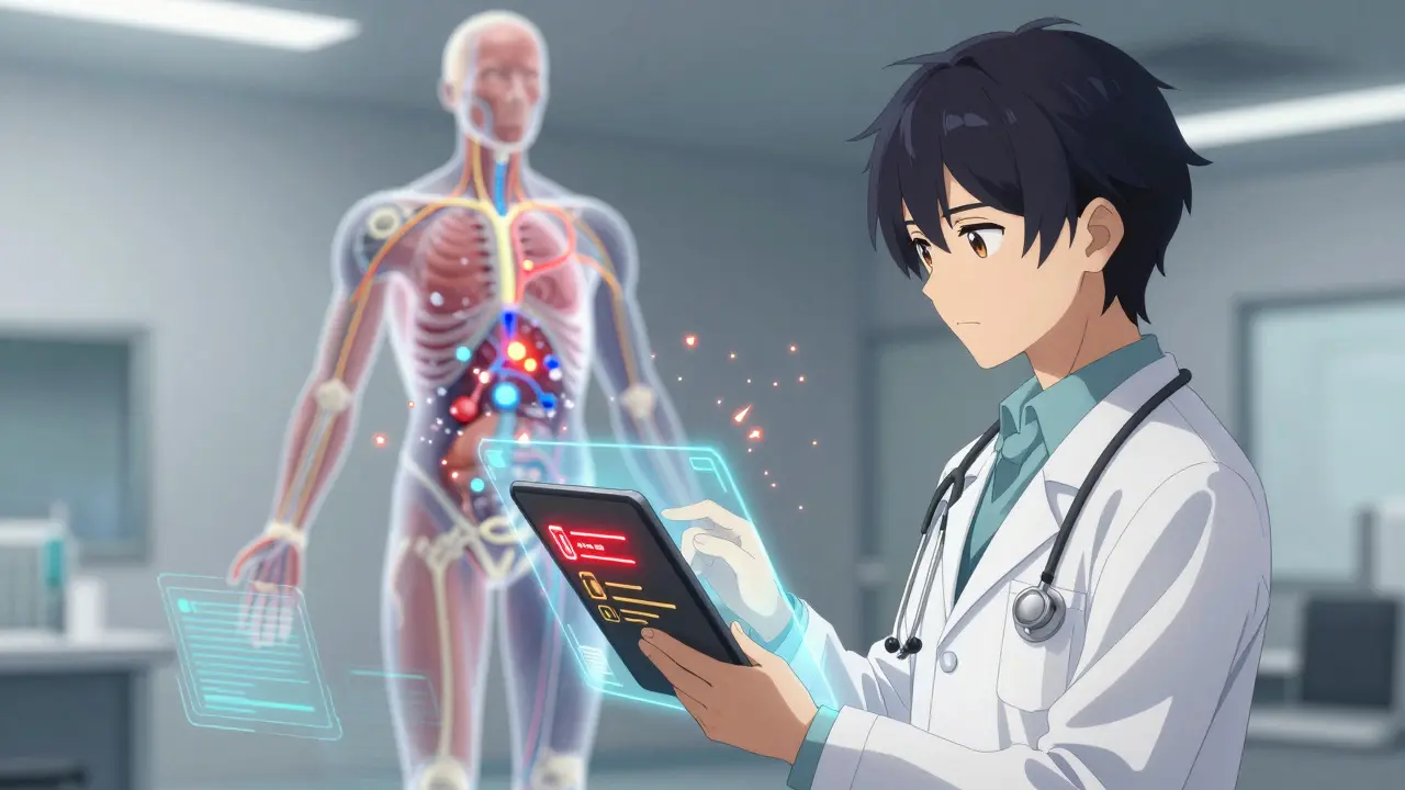 Professionnel de santé analysant une alerte d'interaction médicamenteuse sur un écran holographique dans un environnement futuriste.