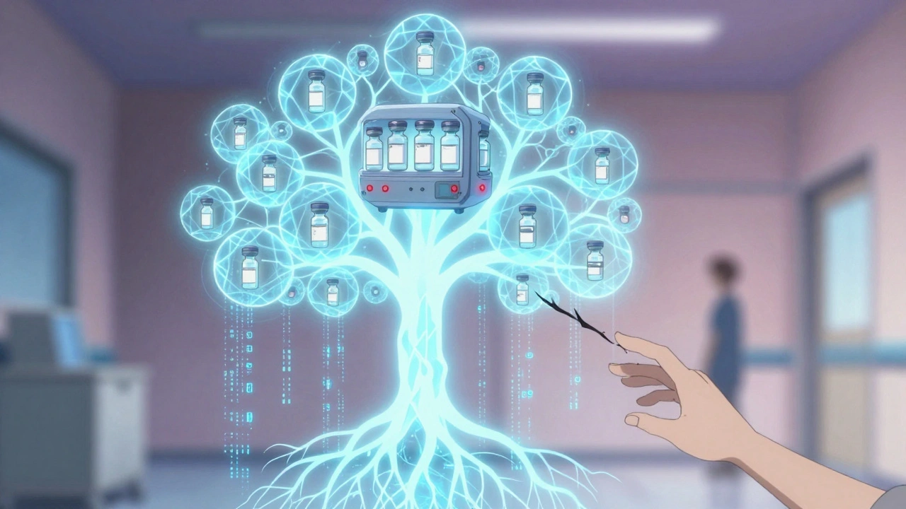 Réseau d'IA sous forme d'arbre fractal, avec des flacons de biosimilaires en transport et un patient à distance.