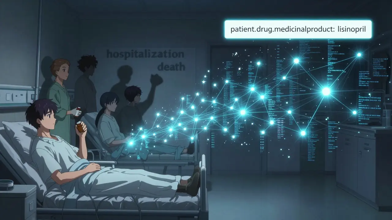 Scène divisée : patients réels à gauche, données de sécurité médicale en constellations lumineuses à droite.