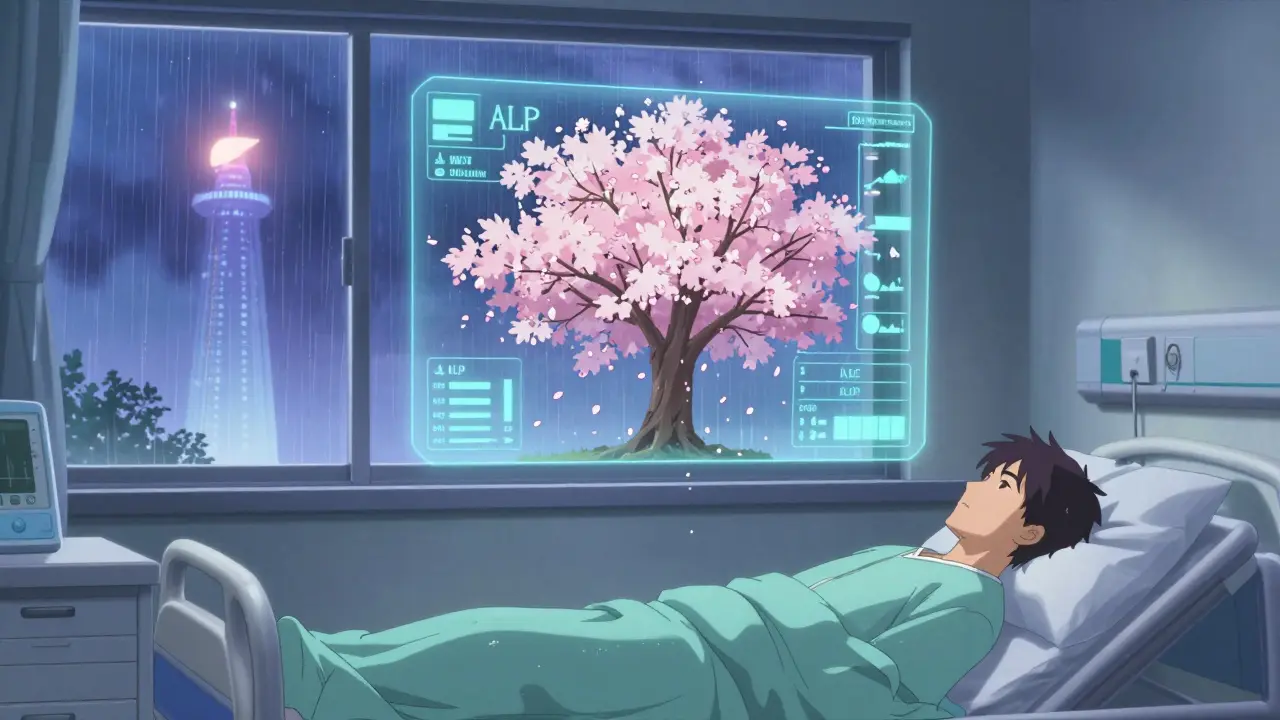 Tableau médical futuriste montrant un arbre en fleurs dont les pétales représentent les marqueurs biologiques du foie.