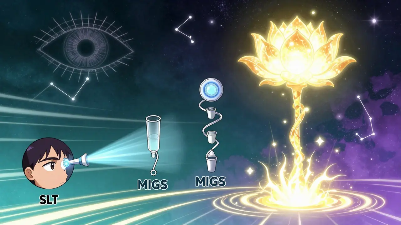 Timeline artistique des traitements du glaucome : gouttes, laser, MIGS et trabéculectomie en style anime.