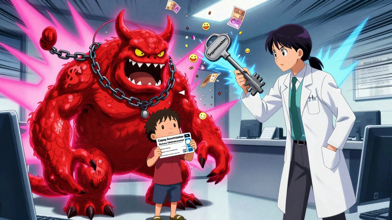 Un patient et un pharmacien combattent un monstre financier représentant les programmes de cumul de franchises.