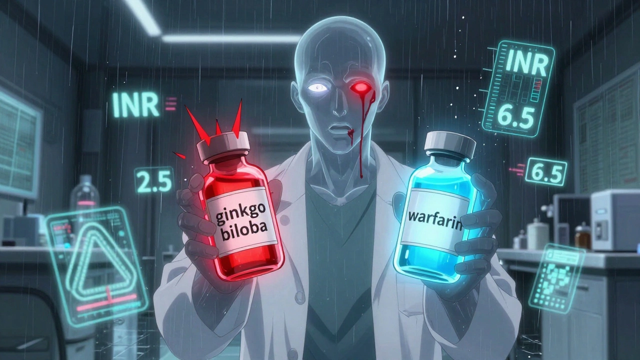 Un pharmacien observe deux vials en conflit : ginkgo et warfarine, provoquant un saignement interne.