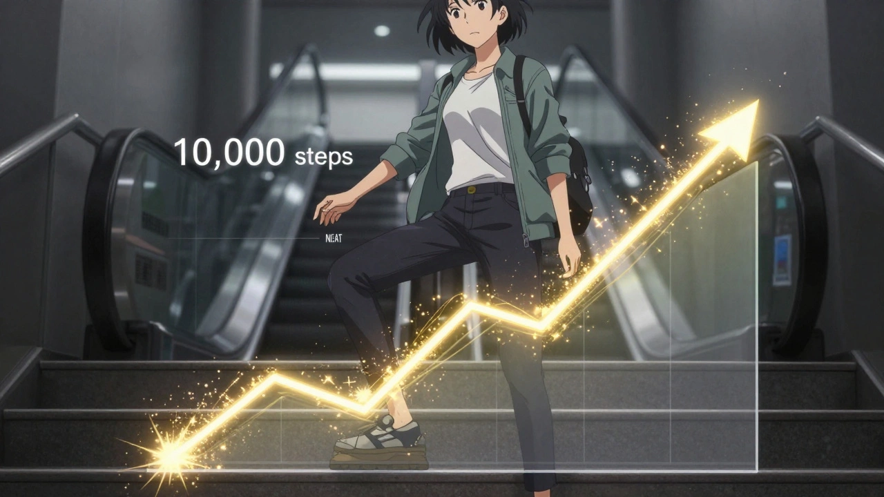 Une femme monte les escaliers, des particules dorées émergent de chaque pas, symbolisant les calories brûlées.