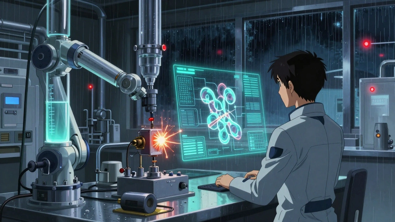 Usine pharmaceutique futuriste avec des bras robotiques et un ingénieur observant un modèle holographique de protéine défectueuse.