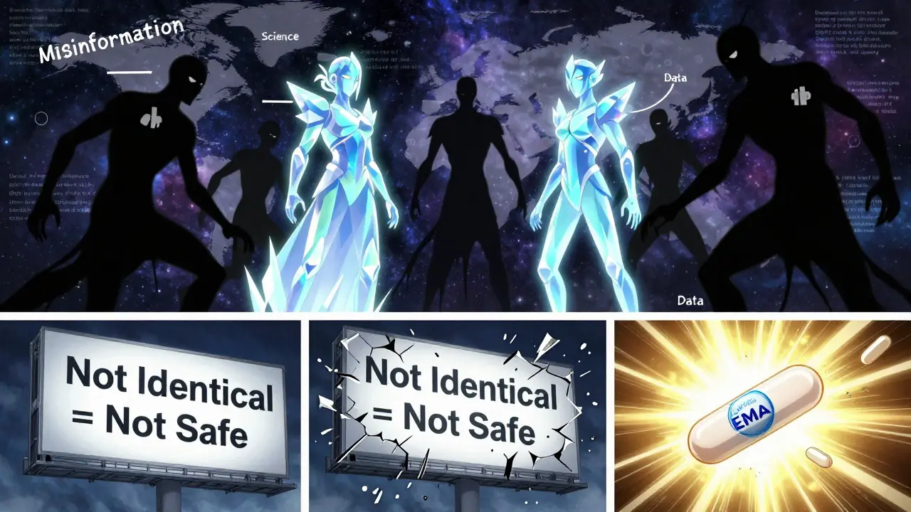 Bataille symbolique entre la désinformation et la science, avec un biosimilaire brillant comme symbole de vérité.