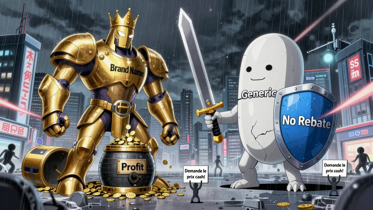 Bataille symbolique entre médicament de marque et générique, avec des humains demandant plus de transparence.