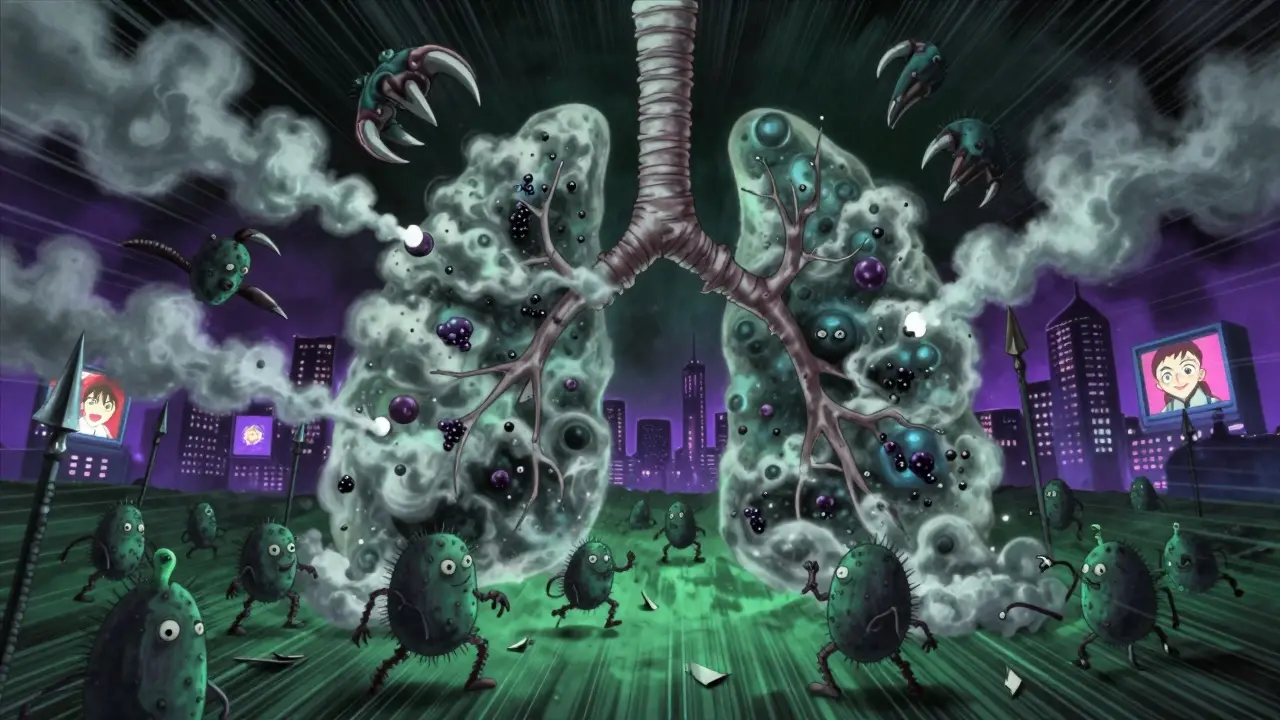 Bataille symbologique dans les bronches entre cellules immunitaires et particules de vapeur toxique.