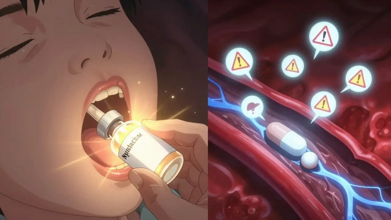 Comparaison visuelle entre la nystatine en suspension et le fluconazole en comprimé, avec des effets lumineux sur la bouche et le sang.