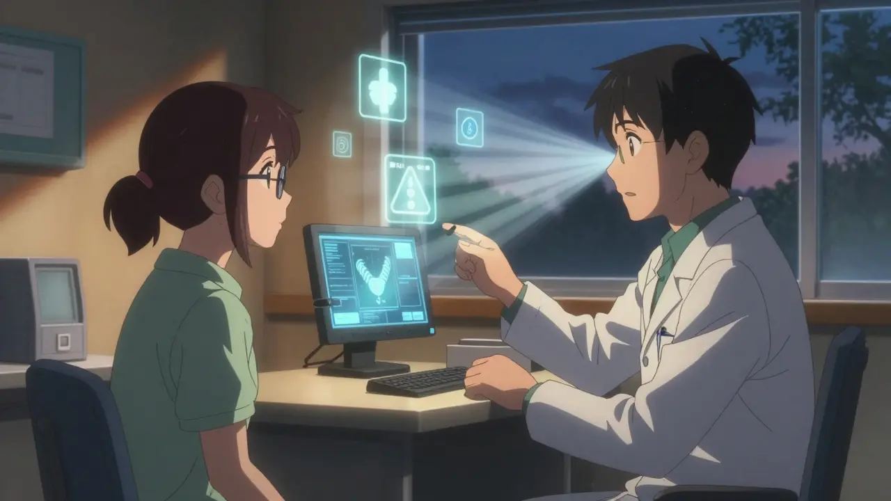 Consultation ophtalmologique avec un patient portant des lunettes filtrantes, des symboles de médicaments flottant dans l'air.