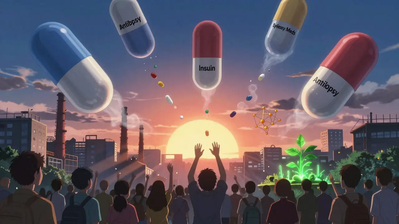 Des comprimés géants qui s'évaporent au-dessus d'une ville, des mains tendues vers le ciel sous un soleil levant.