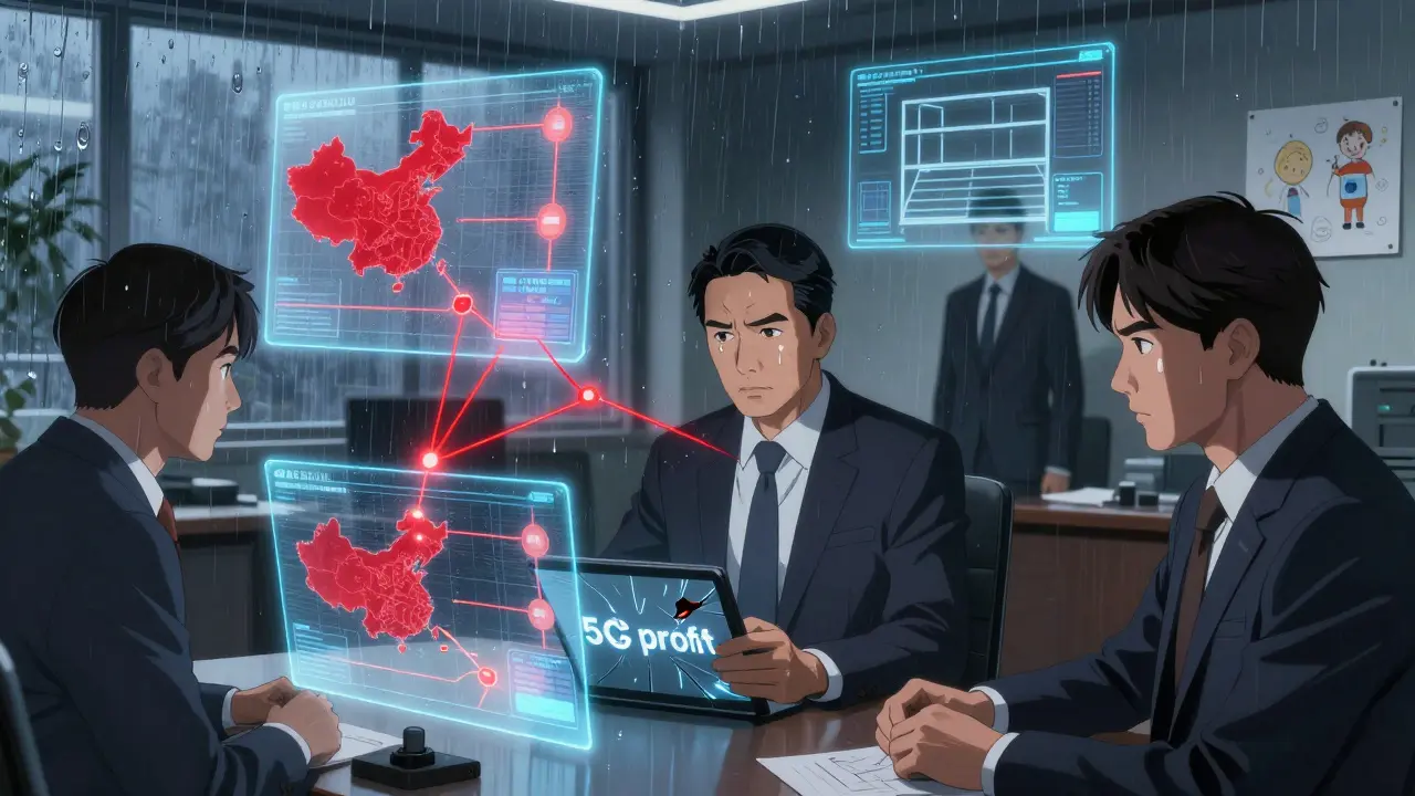 Dirigeants dans une salle de réunion face à des chaînes d'approvisionnement mondiale en panne, une pilule brisée à leurs pieds.