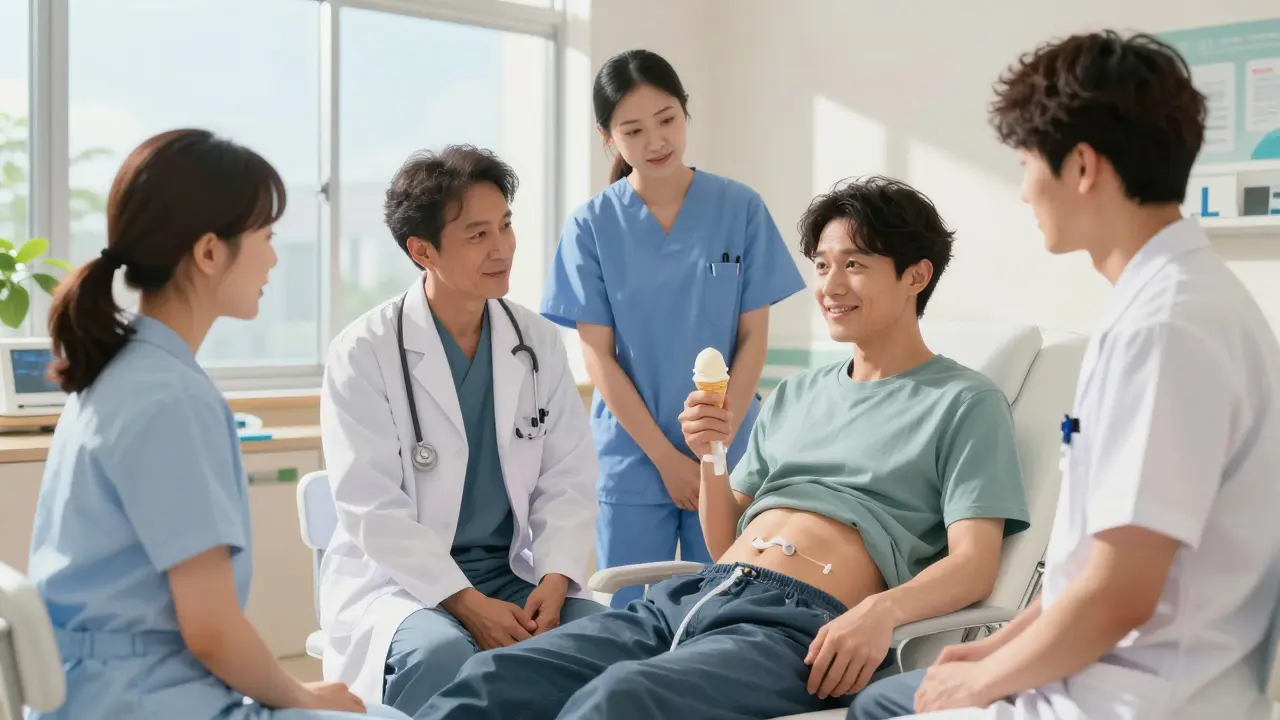 Équipe médicale accompagnant un patient qui mange de la glace avec une sonde PEG.