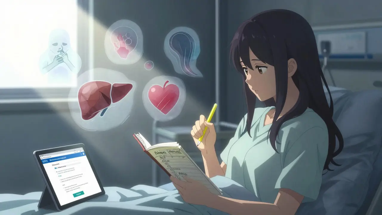 Femme dans une chambre d'hôpital notant ses effets secondaires, entourée d'images fantômes des réactions corporelles.