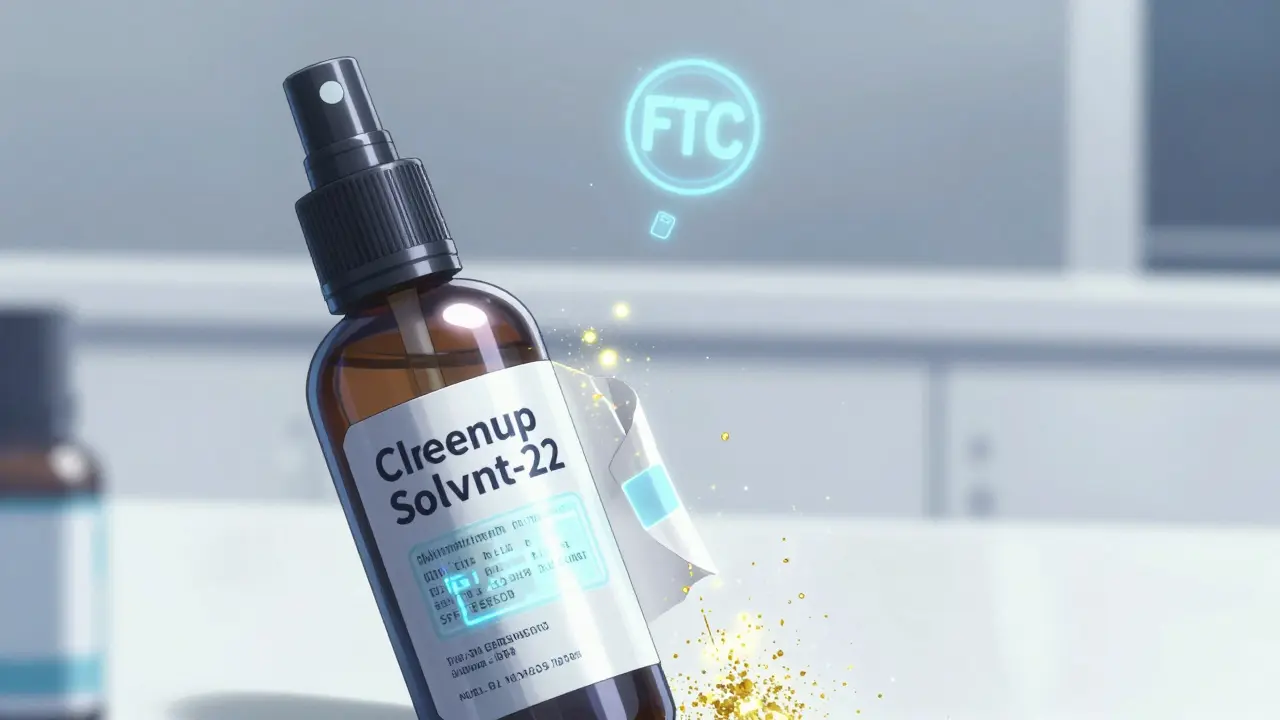 Flacon de médicaments dont l'étiquette se dissout en particules dorées avec un solvant.