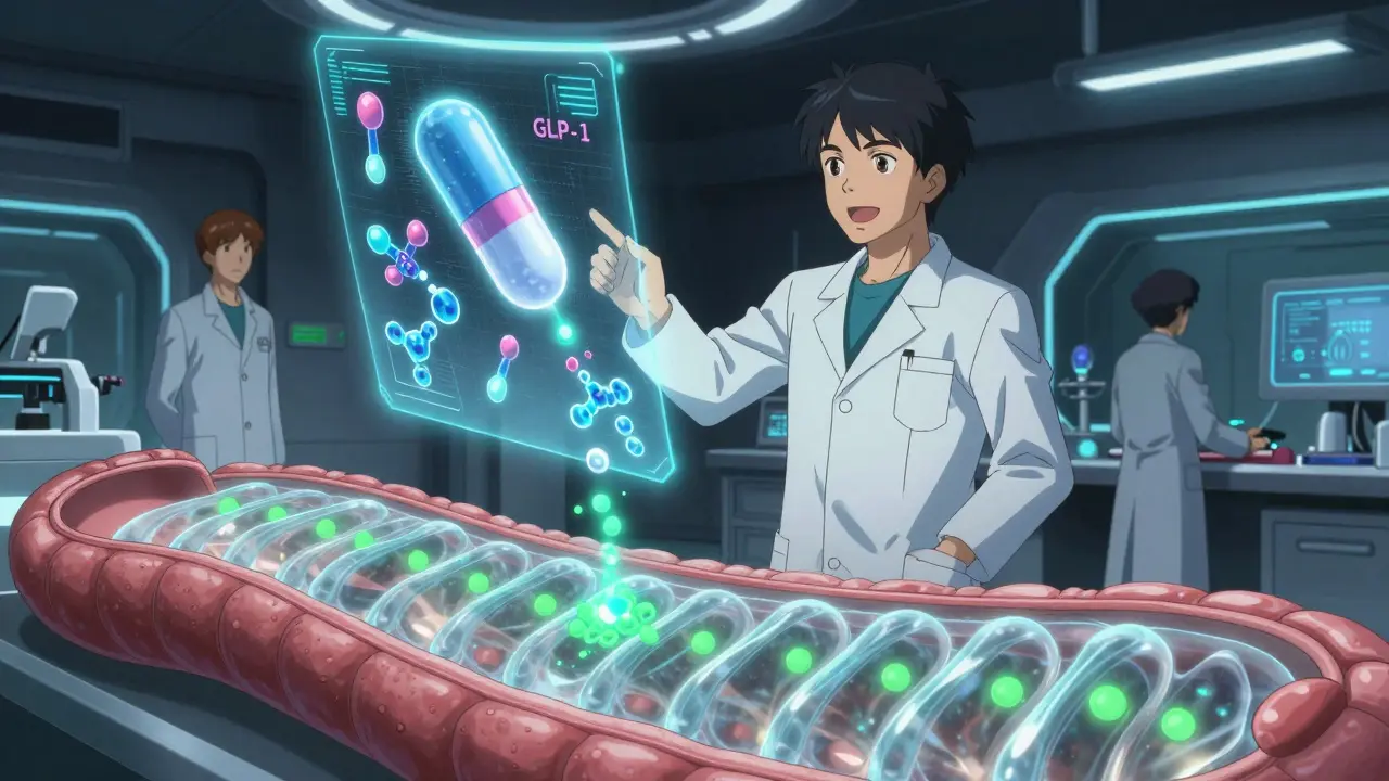 Laboratoire futuriste avec molécules GLP-1 et transit digestif amélioré en hologramme.