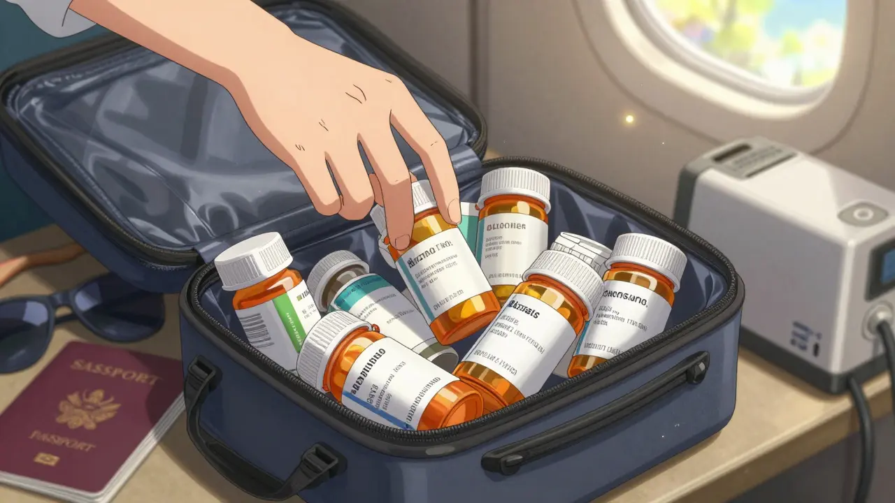 Main posant des boîtes de médicaments d’origine dans un bagage à main avec un passeport et un appareil CPAP.