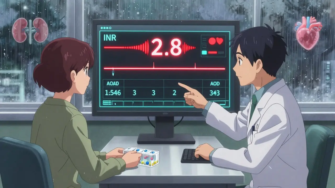 Médecin et patient à une consultation, un écran affiche une valeur INR critique, des icônes de reins et de cœur flottent dans l'air.