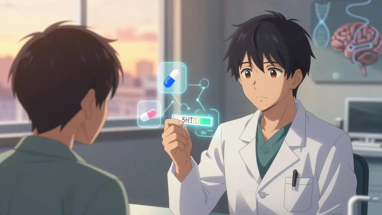 Médecin et patient avec un test génétique et des icônes de médicaments alternatifs flottant près d'eux.