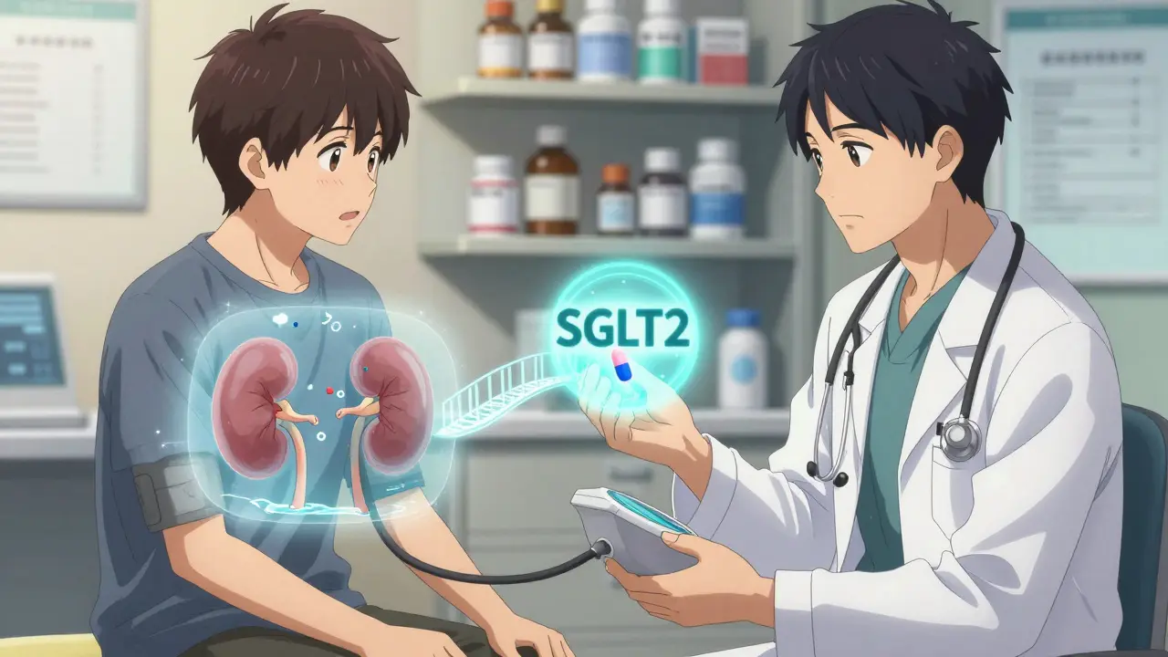 Médecin et patient en consultation, avec une représentation visuelle des rétentions d'eau dans les reins et un médicament contrebalançant les effets.