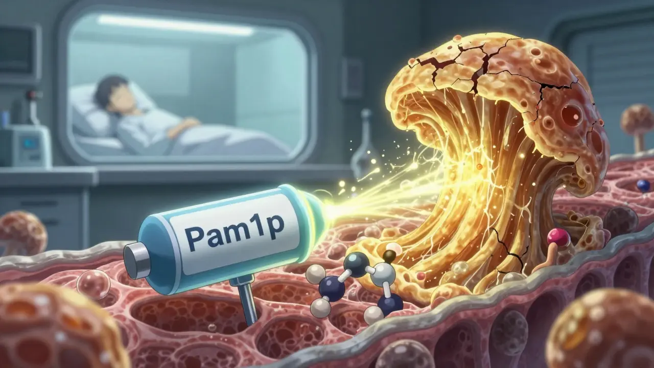 Molécule d'oméprazole bloquant une pompe fongique, permettant au fluconazole de pénétrer et de détruire un champignon résistant.