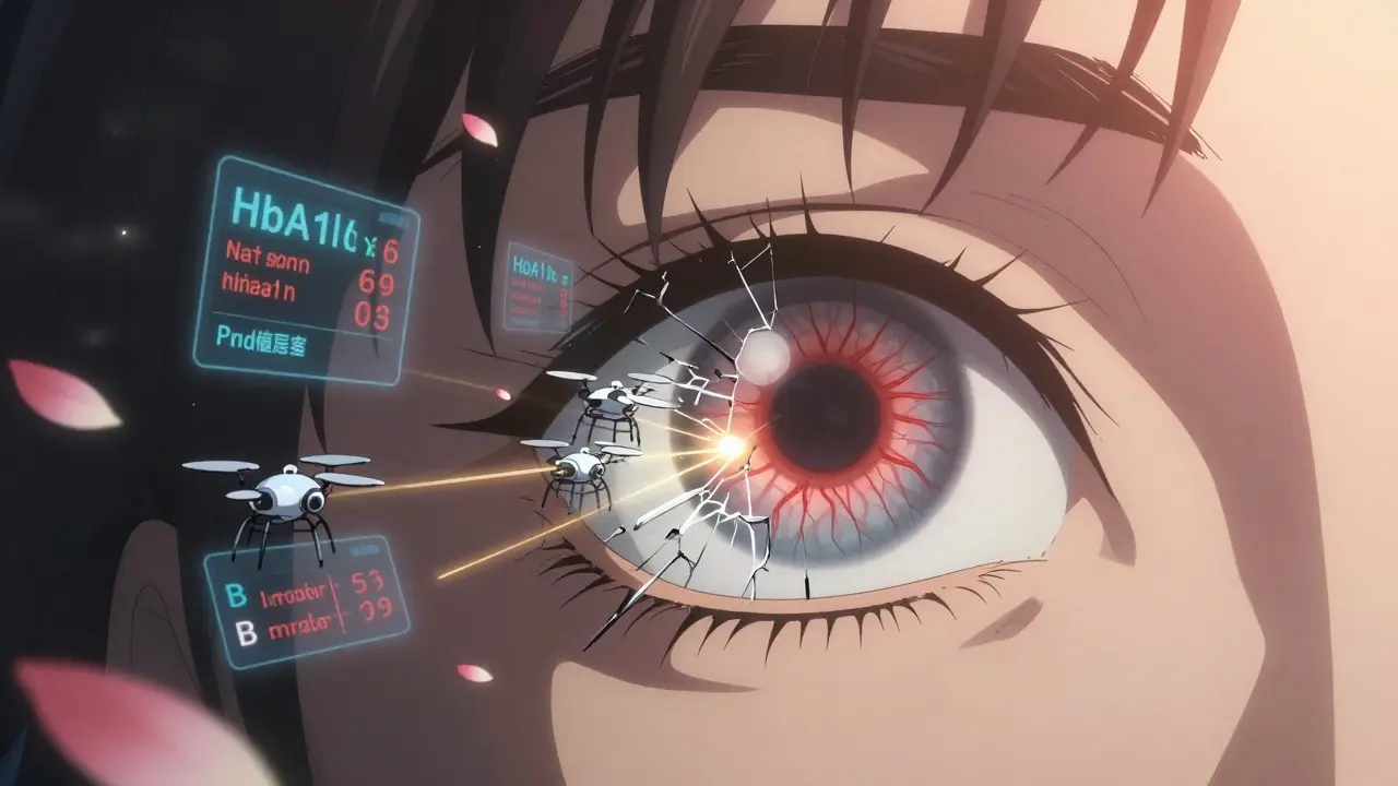 Œil humain avec rétine endommagée en cours de réparation par des drones lumineux, données médicales flottantes et ciel qui s'éclaircit.