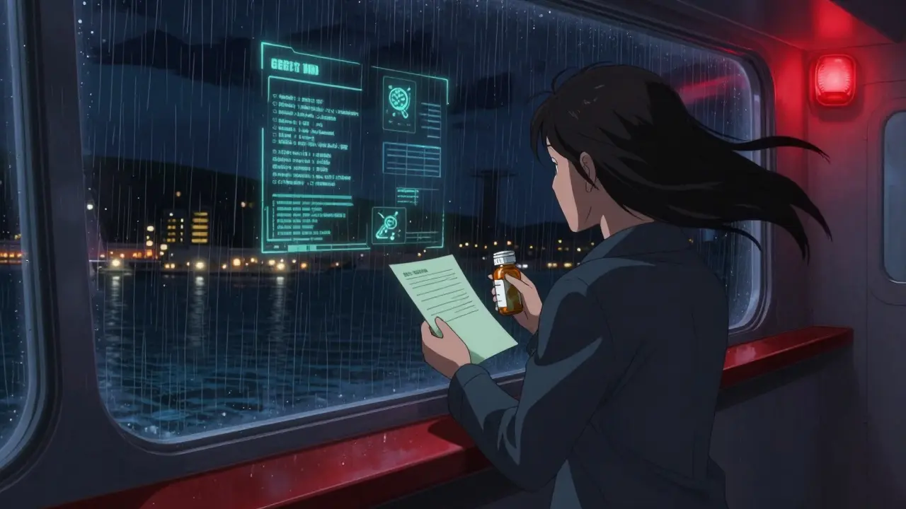 Passager regardant un port lointain depuis une fenêtre de navire, tenant une bouteille vide et une lettre médicale sous la pluie.