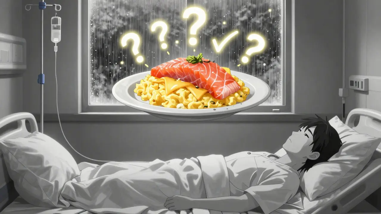 Patient à l'hôpital avec un repas flottant au-dessus d'eux, œufs et saumon fumé en forme d'offrande lumineuse.