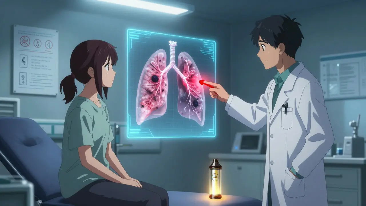 Patient dans une salle d'hôpital regardant une scan des poumons détruits, médecin pointant les lésions.