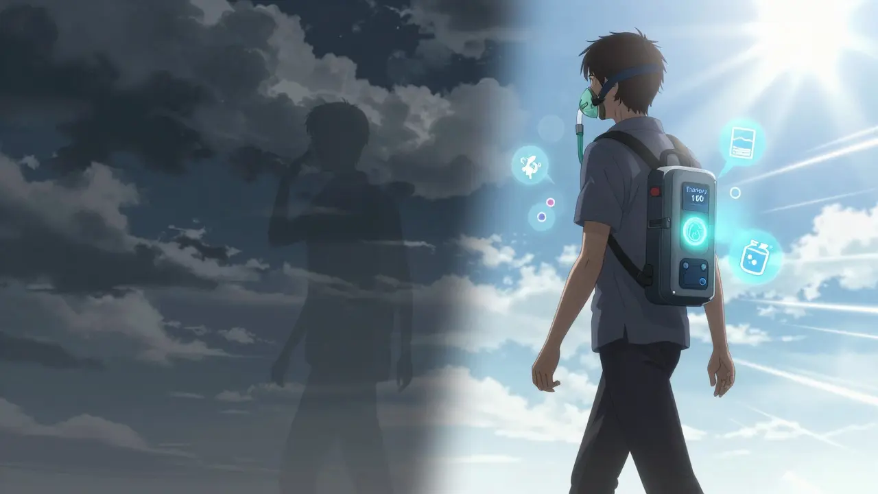 Patient marchant avec un appareil de ventilation, entouré de symboles de santé et de vie.