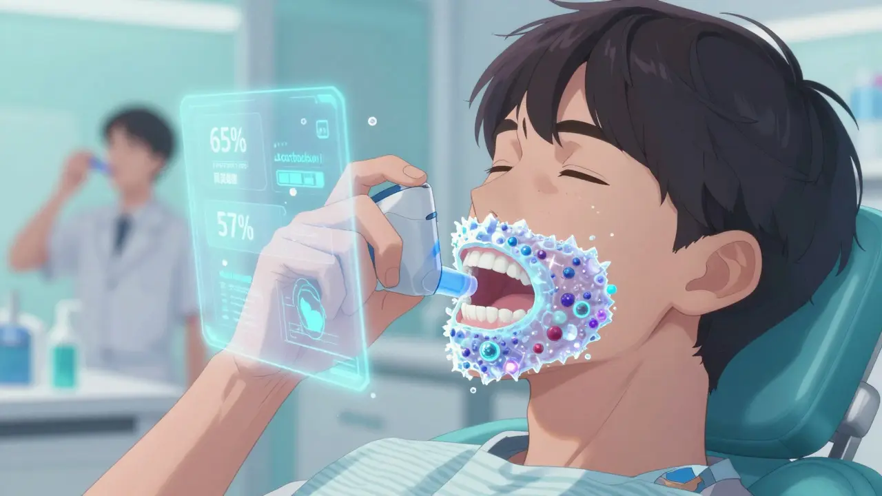 Patient se rinçant la bouche avec une barrière protectrice de cristaux et de probiotiques flottants, dans une clinique futuriste.