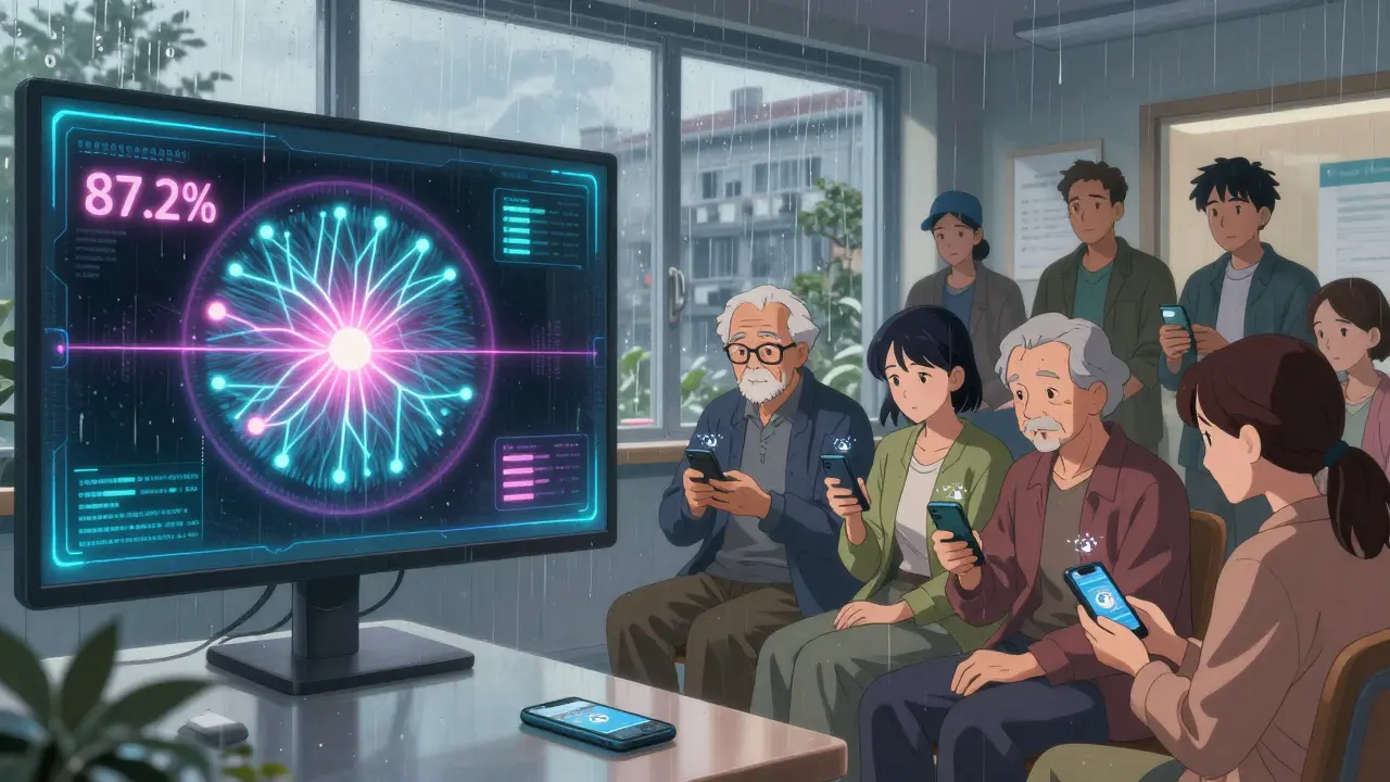 Patients en France recevant des rappels par SMS pour leur dépistage oculaire, interface IA en arrière-plan avec icônes oculaires animées.