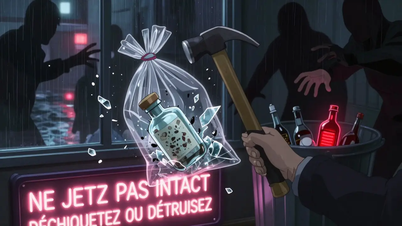 Personne brisant un flacon en verre dans un sac plastique pour détruire les données.