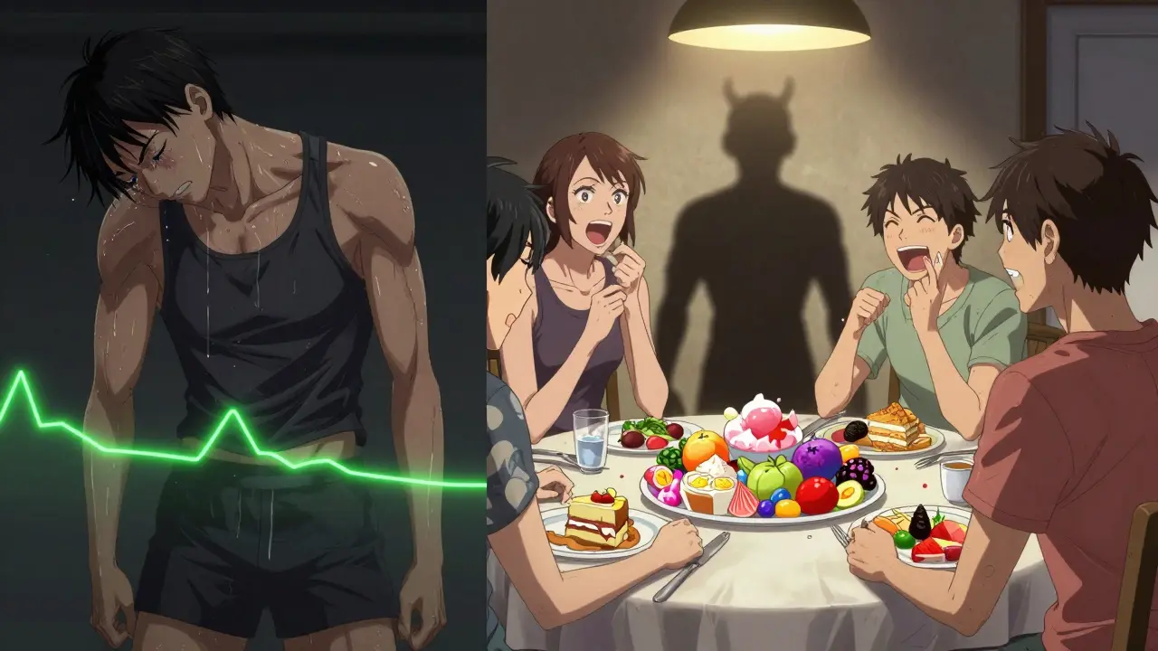 Personne fatiguée après un entraînement, entourée d'aliments sucrés et d'un graphique métabolique ralenti.