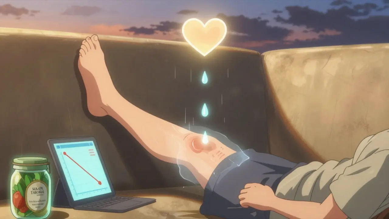 Personne les jambes surélevées, avec des gouttes d'eau qui s'évacuent vers un symbole cardiaque lumineux.