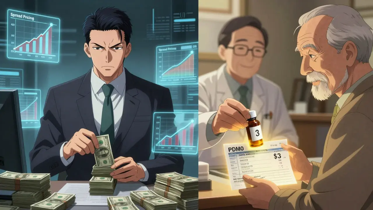 Pharmacien offrant un médicament à bas prix à un patient, tandis qu'un revenu caché s'élève derrière lui.