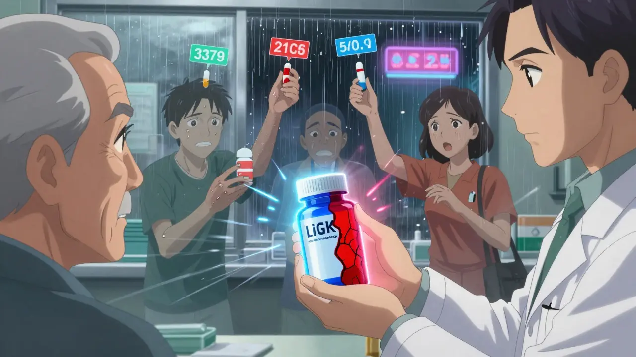 Pharmacien remettant un médicament générique à un patient, avec une aura divisée entre qualité et risque.