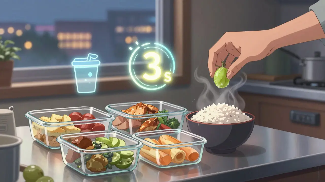 Plan de cuisine avec des portions préparées et une grappe de raisins congelés, icônes nutritives flottantes en arrière-plan.