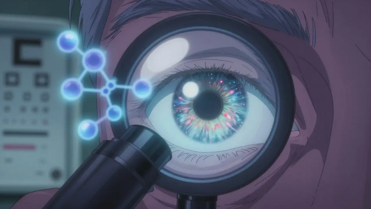 Plan rapproché d'un œil avec des dépôts pigmentaires sur la rétine, influencés par un médicament, lumière bleue flottante.