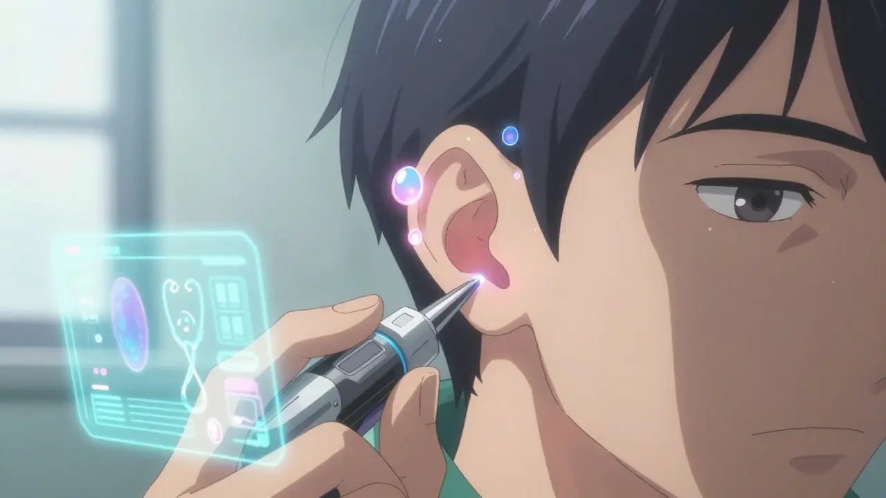 Professionnel de santé nettoyant un canal auditif avec un outil micro-suction et des gouttes médicamenteuses flottantes.