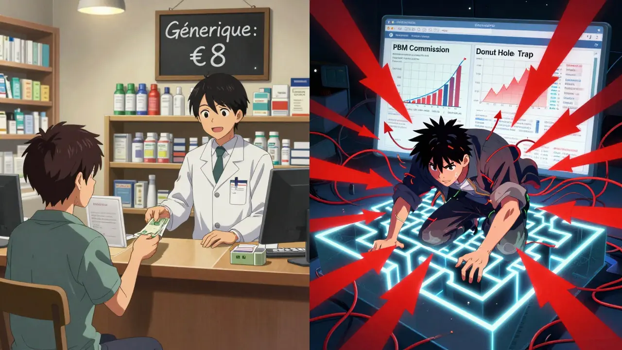 Scène comparée : patient en France payant cash à prix bas, patient aux États-Unis piégé dans un système d'assurance chaotique.