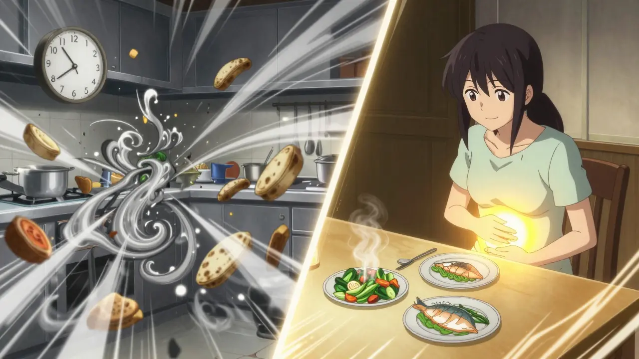 Scène divisée : nausées chaotiques à gauche, alimentation calme et adaptée à droite.