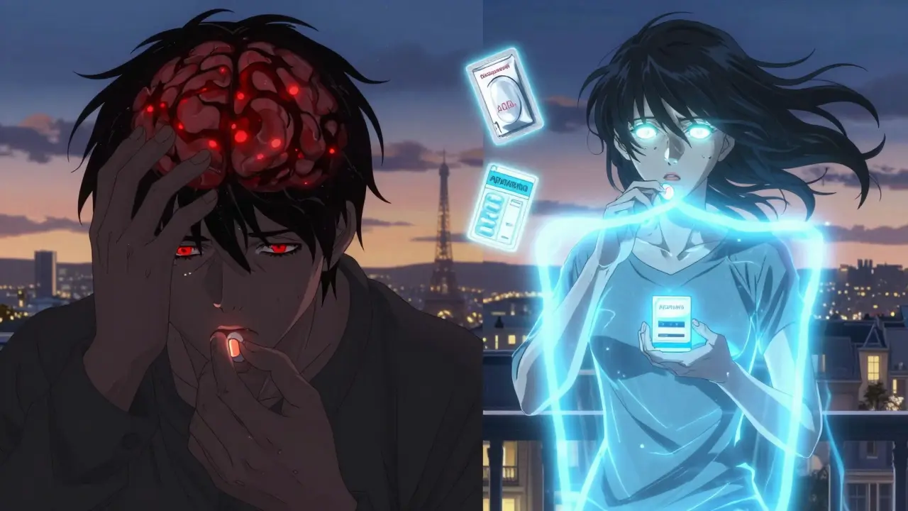 Scène divisée : risque de caillot à gauche, protection par AOD à droite, avec des emballages de médicaments visibles, fond de Paris au lever du jour.