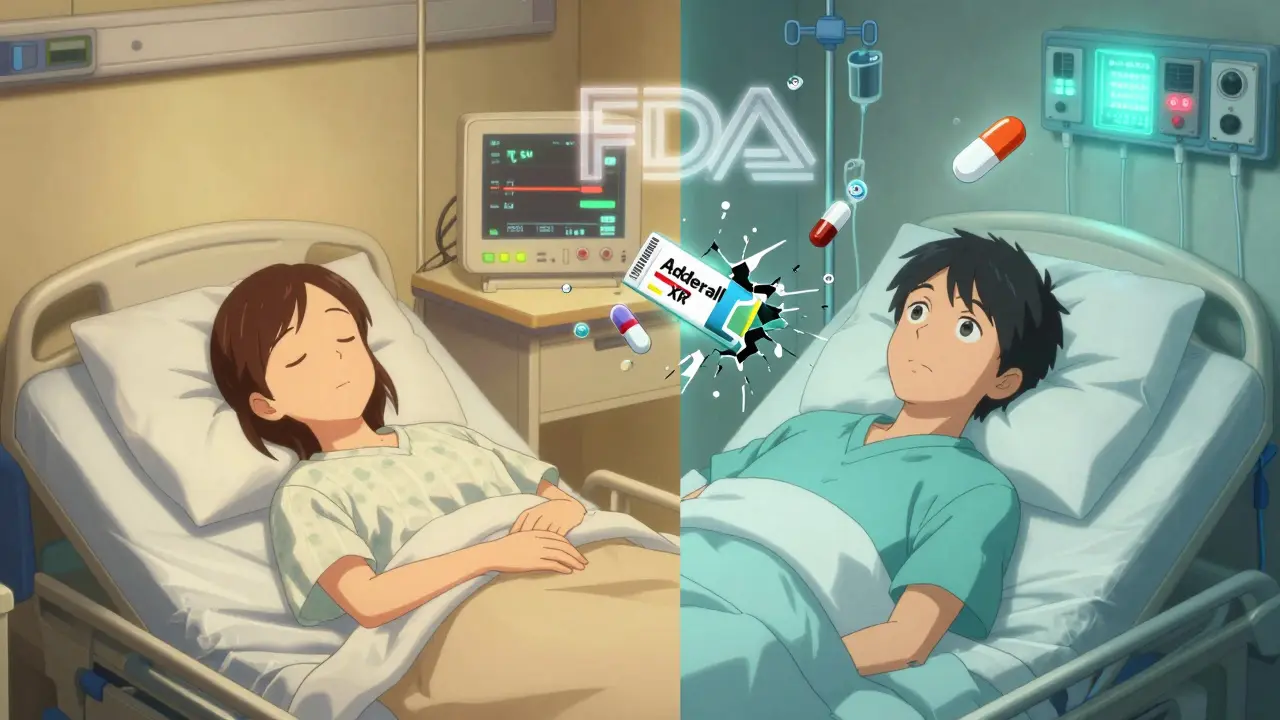 Scène en deux parties : un patient stable à gauche, hospitalisé et en crise à droite, avec des pilules qui se brisent en morceaux.
