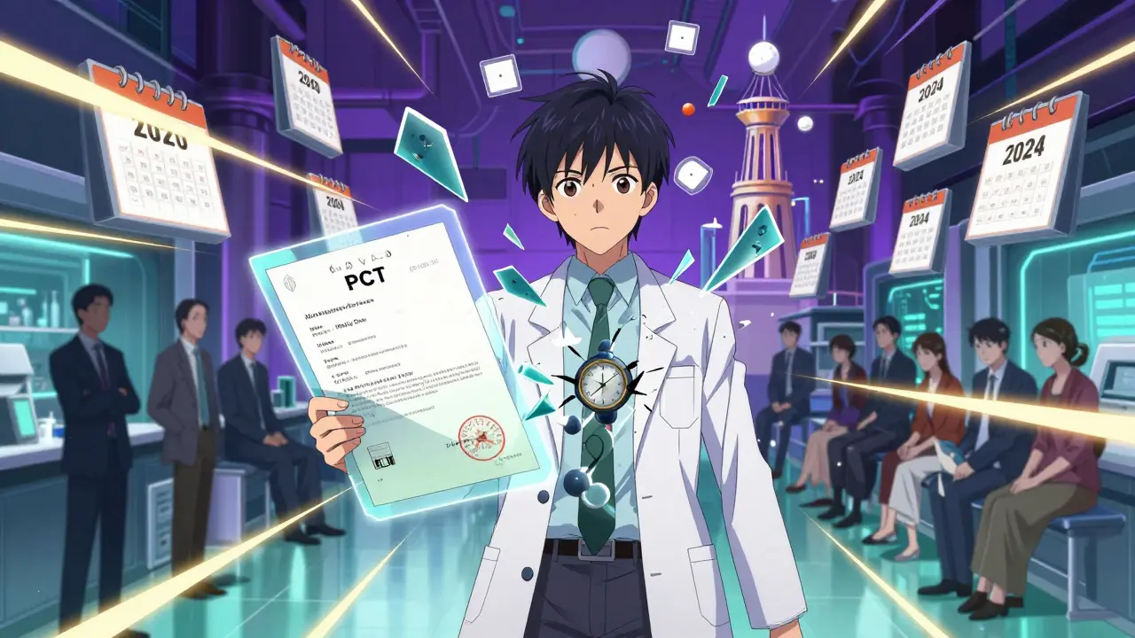 Scientifique regardant un document de brevet qui se décompose en éléments clés flottants autour d'une tour horloge moléculaire.