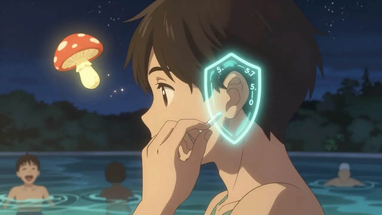 Teenager appliquant des gouttes préventives après la natation, une aura protectrice entoure son oreille.