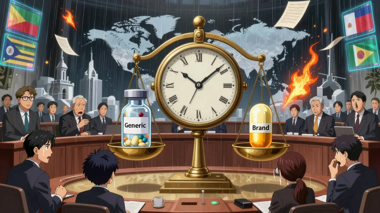 Tribunal flottant où une horloge de brevet est pesée contre un médicament générique et un médicament de marque.