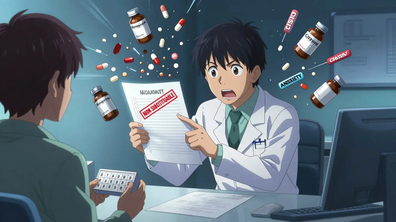 Un neurologue pointe une ordonnance avec le tampon 'non substituable' tandis qu'un patient regarde des flacons de pilules exploser en mots comme 'crise'.