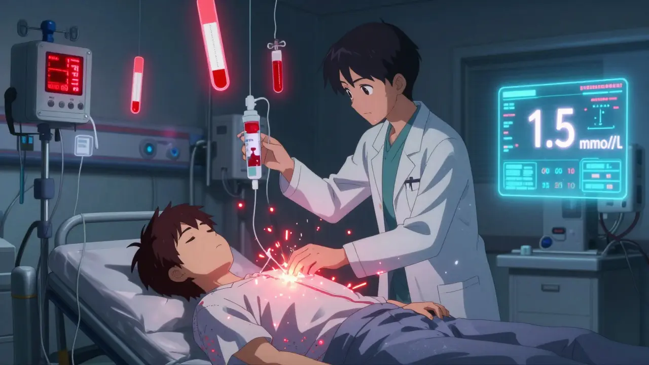 Un patient en urgence médicale dans un hôpital, connecté à des perfusions, avec des niveaux de cétones affichés en surimpression.