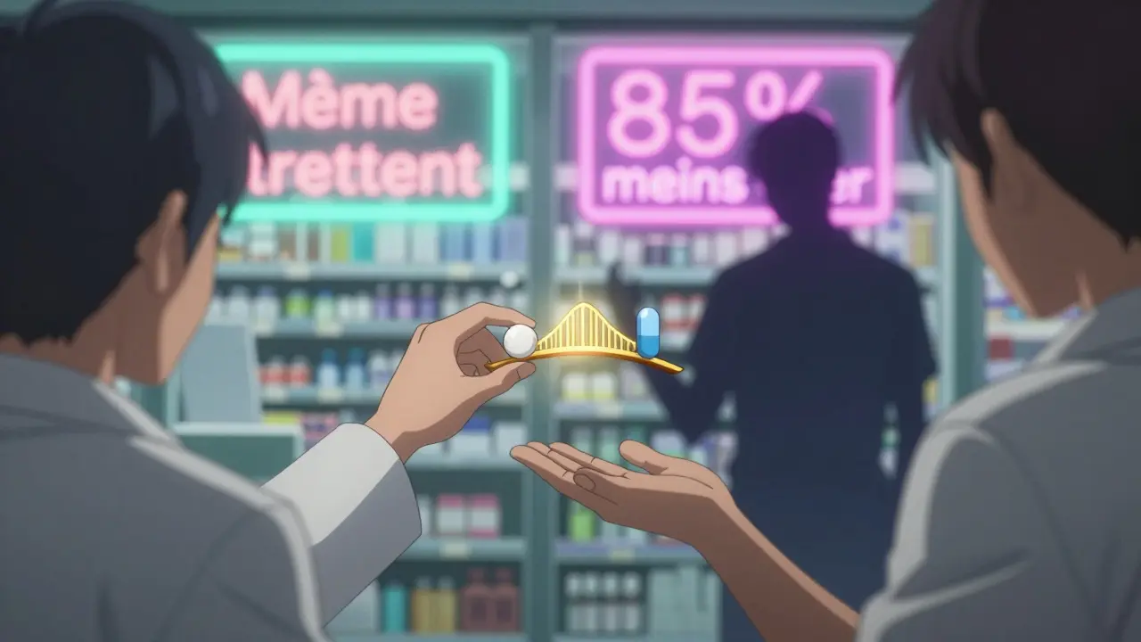 Un pharmacien montre deux comprimés de couleurs différentes reliés par un pont doré, symbolisant l'équivalence.